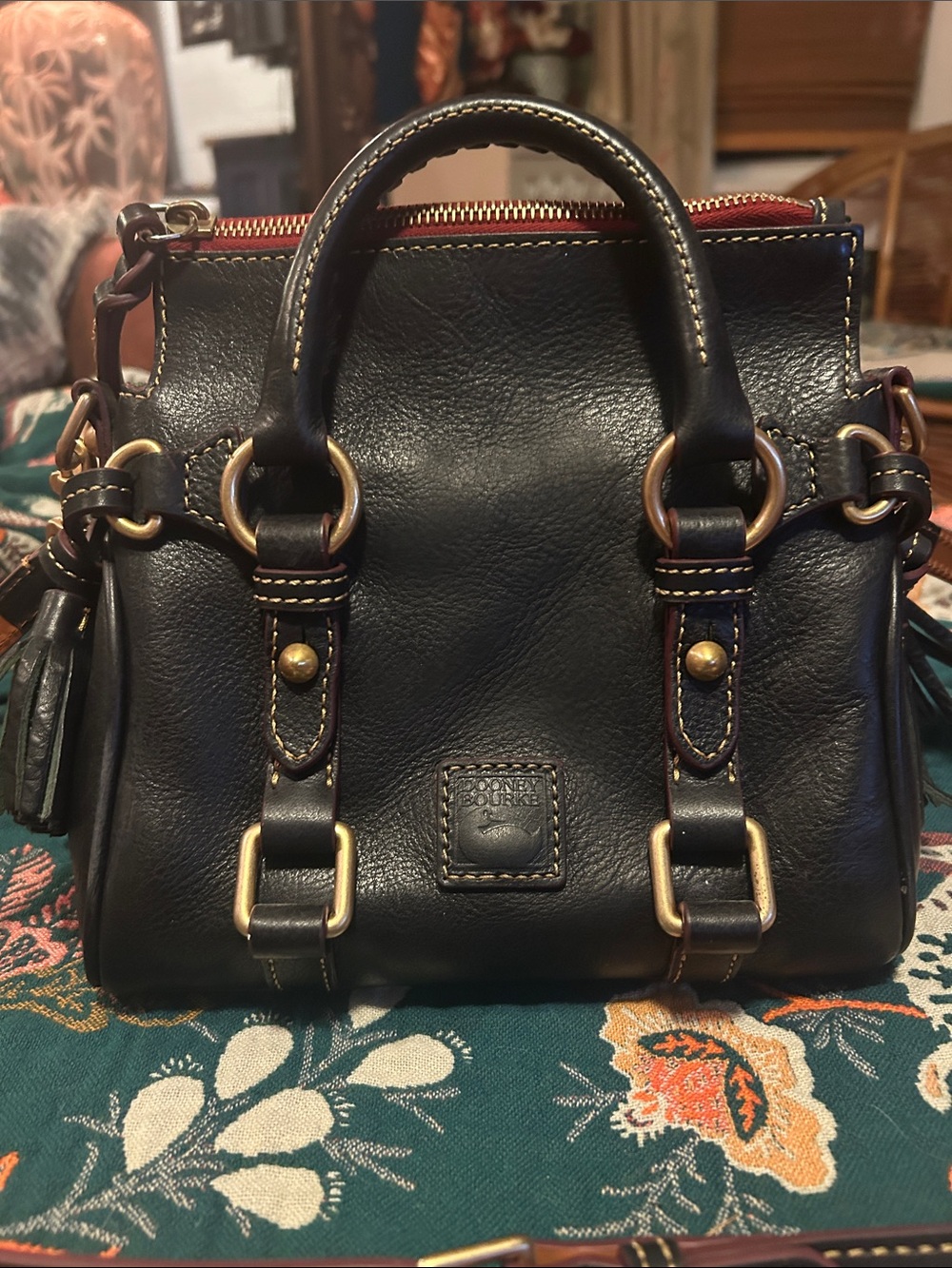 Dooney & Bourke Black Leather Mini Satchel with Gold Hardware and Red Zip